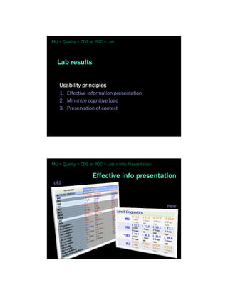 MU > Quality > CDS at POC > Lab



  Lab results


   Usability principles
   1. Effective information presentation
   2. Minimize cognitive load
   3. Preservation of context




MU > Quality > CDS at POC > Lab > Info Presentation

                    Effective info presentation
 old



                                                      new
 
