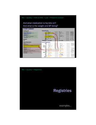 MU > Quality > CDS at POC > Lab > Preserve context

 And what medication is he/she on?
 And what is the weight and BP doing?




MU > Quality > Registries




                                     Registries


                                             examples…
 