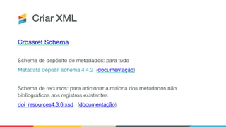 Criar XML
Crossref Schema
Schema de depósito de metadados: para tudo
Metadata deposit schema 4.4.2 (documentação)
Schema de recursos: para adicionar a maioria dos metadados não
bibliográficos aos registros existentes
doi_resources4.3.6.xsd (documentação)
 