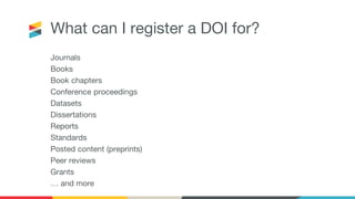 What can I register a DOI for?
Journals
Books
Book chapters
Conference proceedings
Datasets
Dissertations
Reports
Standards
Posted content (preprints)
Peer reviews
Grants
… and more
 