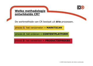 Welke methodologie
ontwikkelde CR?

De werkmethode van CR bestaat uit drie processen.




                                     © 2009 Content Republic, alle rechten voorbehouden
 
