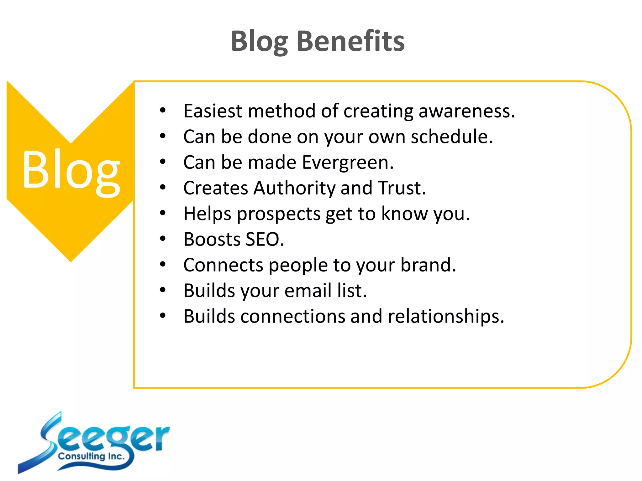 Blog Benefits
Blog
• Easiest method of creating awareness.
• Can be done on your own schedule.
• Can be made Evergreen.
• Creates Authority and Trust.
• Helps prospects get to know you.
• Boosts SEO.
• Connects people to your brand.
• Builds your email list.
• Builds connections and relationships.
 
