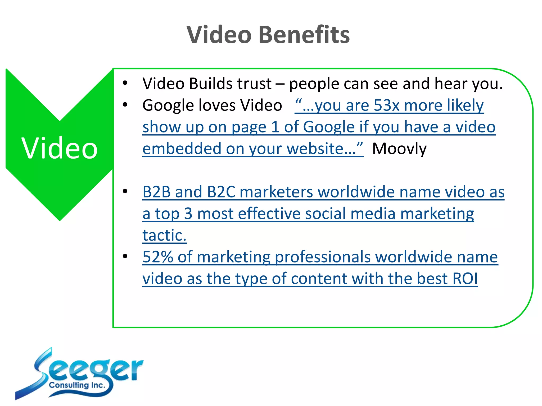 Video Benefits
Video
• Video Builds trust – people can see and hear you.
• Google loves Video “…you are 53x more likely
show up on page 1 of Google if you have a video
embedded on your website…” Moovly
• B2B and B2C marketers worldwide name video as
a top 3 most effective social media marketing
tactic.
• 52% of marketing professionals worldwide name
video as the type of content with the best ROI
 