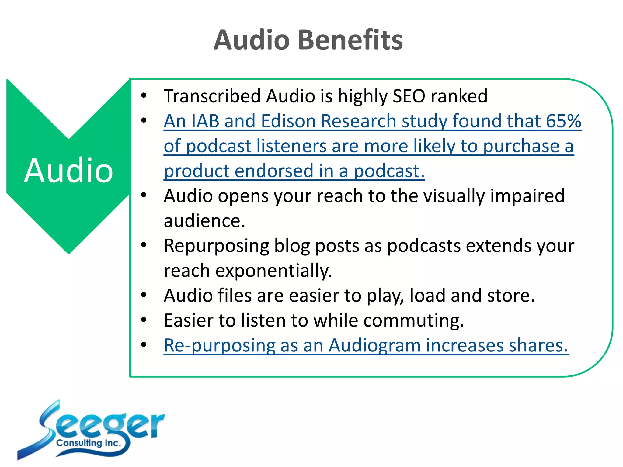 Audio Benefits
Audio
• Transcribed Audio is highly SEO ranked
• An IAB and Edison Research study found that 65%
of podcast listeners are more likely to purchase a
product endorsed in a podcast.
• Audio opens your reach to the visually impaired
audience.
• Repurposing blog posts as podcasts extends your
reach exponentially.
• Audio files are easier to play, load and store.
• Easier to listen to while commuting.
• Re-purposing as an Audiogram increases shares.
 