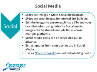 Social Media
Social
• Slides are images = Great Social media posts.
• Slides are great images for internal link building.
...