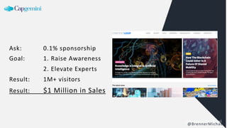 Ask: 0.1% sponsorship
Goal: 1. Raise Awareness
2. Elevate Experts
Result: 1M+ visitors
Result: $1 Million in Sales
@BrennerMichael
@BrennerMichael
 