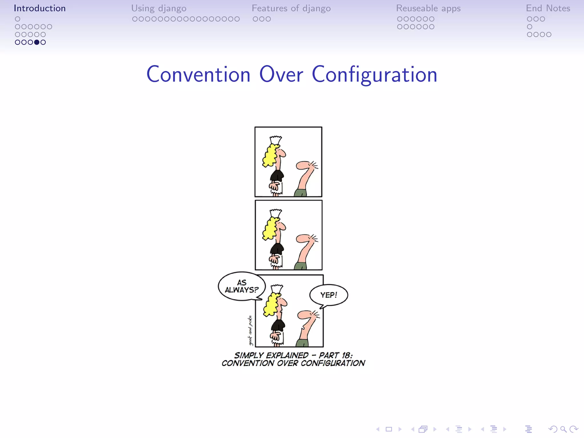 Introduction   Using django   Features of django   Reuseable apps   End Notes




                  Convention Over Conﬁguration
 