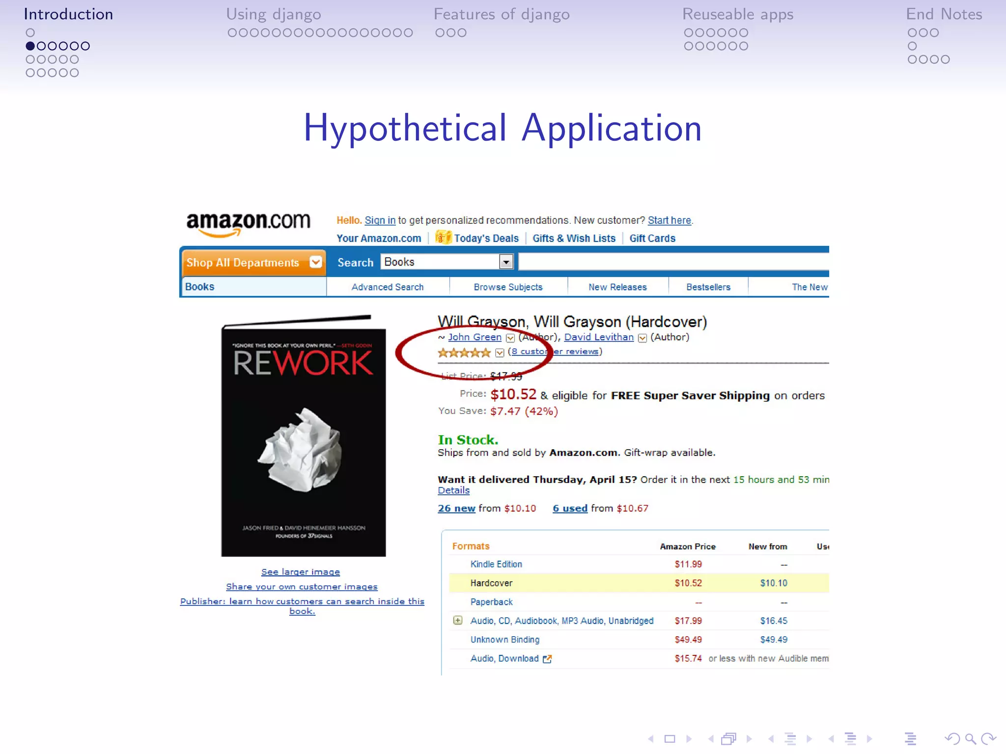 Introduction   Using django    Features of django   Reuseable apps   End Notes




                        Hypothetical Application
 