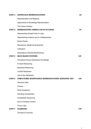 UNIT 3   KNOWLEGE REPRESENTATION                             64

         Representation and Mapping

         Approaches to Knowledge Representation

         The Frame Problem
UNIT 4   REPRESENTING SIMPLE FACTS IN LOGIC                  87

         Representing Simple Facts in Logic

         Representing Instance and is a Relationships

         Modus Pones

         Resolutions (Skolemizing Queries)

         Unification

         Dependency Directed Backtracking
UNIT 5   RULE BASED SYSTEMS                                 125

         Procedural Versus Declarative Knowledge

         Forward Reasoning

         Backward Reasoning

         Conflict Resolution

         Use of Non Backtrack
UNIT 6   STRUCTURES KNOWLEDGE REPRESENTATION SEMANTIC NET   139

         Semantic Nets

         Frames

         Slots Exceptions

         Handling Uncertainties

         Probabilistic Reasoning

         Use of Certainty Factors

         Fuzzy Logic
UNIT 7   LEARNING                                           178

         Concept of Learning




                                                              5
 