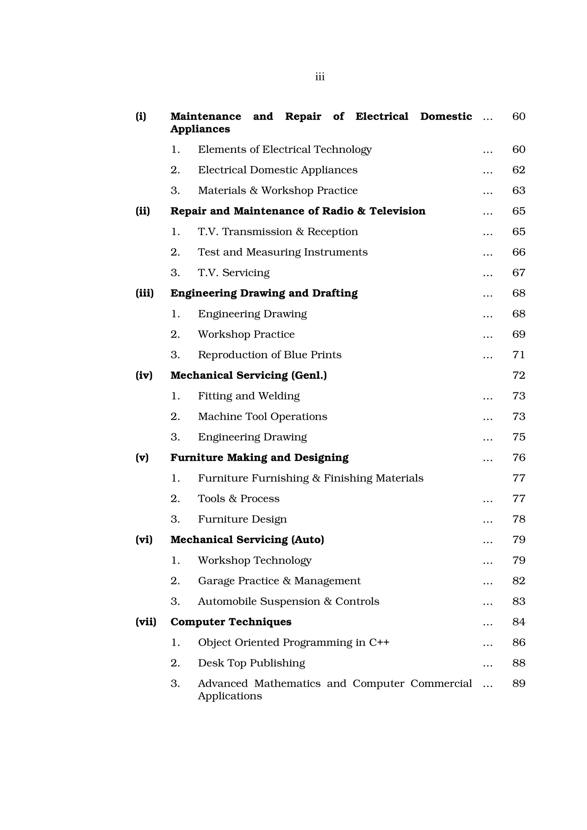 iii


(i)     Maintenance    and     Repair    of   Electrical   Domestic …   60
        Appliances
        1.   Elements of Electrical Technology                     …    60
        2.   Electrical Domestic Appliances                        …    62
        3.   Materials & Workshop Practice                         …    63
(ii)    Repair and Maintenance of Radio & Television               …    65
        1.   T.V. Transmission & Reception                         …    65
        2.   Test and Measuring Instruments                        …    66
        3.   T.V. Servicing                                        …    67
(iii)   Engineering Drawing and Drafting                           …    68
        1.   Engineering Drawing                                   …    68
        2.   Workshop Practice                                     …    69
        3.   Reproduction of Blue Prints                           …    71
(iv)    Mechanical Servicing (Genl.)                                    72
        1.   Fitting and Welding                                   …    73
        2.   Machine Tool Operations                               …    73
        3.   Engineering Drawing                                   …    75
(v)     Furniture Making and Designing                             …    76
        1.   Furniture Furnishing & Finishing Materials                 77
        2.   Tools & Process                                       …    77
        3.   Furniture Design                                      …    78
(vi)    Mechanical Servicing (Auto)                                …    79
        1.   Workshop Technology                                   …    79
        2.   Garage Practice & Management                          …    82
        3.   Automobile Suspension & Controls                      …    83
(vii)   Computer Techniques                                        …    84
        1.   Object Oriented Programming in C++                    …    86
        2.   Desk Top Publishing                                   …    88
        3.   Advanced Mathematics and Computer Commercial …             89
             Applications
 