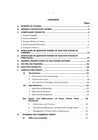 i


                                      CONTENTS
                                                                               Pages
A.    SCHEME OF STUDIES……………………………………………………..………………1
B.    GENERAL FOUNDATION COURSE……………………………………………….…….3
C.    COMPULSORY SUBJECTS………………………………………………………………..4
      1. General English……………………………………………………………………………4
      2. General Punjabi…………………………………………………………………………...7
      3. Punjab History & Culture…………………………………………………………….…8
      4. Environmental Education ……………………………………………………………...9
      5. Computer Science……………………………………………………………………….17
D. STRUCTURE OF QUESTION PAPERS OF ELECTIVE SUBJECTS
   (THEORY).…………………………………………………………………………………...15
E.    STRUCTURE OF QUESTION PAPERS OF ELECTIVE SUBJECTS
      (PRACTICAL)…………………………………………………………………………….….18
F.    GENERAL INSTRUCTIONS TO THE PAPERS SETTERS………………………..19
G. ON-THE-JOB TRAINING………………………………………………………………...20
H. ELECTIVE SUBJECTS…………………………………………………………………...20
I.    AGRICULTURE GROUP……………………………………………………………..…..21
        (i)    Horticulture…………………………………………………………………….21
               1. Floriculture and Landscaping……………………………..……………21
               2. Commercial Crops……………………………………….…………………22
               3. Post Harvest Technology and Preservation ……………………….…24
        (ii)   Agri-Business…………………………………………………………………..24
               1. Agricultural Marketing……………………………………..………..…..25
               2. Agricultural Finances……………………………………………………..26
               3. Agricultural Equipment…………………………………………………..27

       (iii)   Repair and    Maintenance      of   Power   Driven   Farm …..    29
               Machinery
               1.   Farm Power and Tractors                              …..    30
               2.   Post Harvest Machinery and Renewable Energy Gudet    …..    31
               3.   Management of Farm Power & Machinery                 …..    35
II.    BUSINESS AND COMMERCE GROUP                                       …      37
       (i)     Office Secretaryship                                      …      37
 