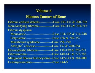 Volume 6	

             Fibrous Tumors of Bone	

Fibrous cortical defects------------Case 130-131 & 700-702	

Non-ossifying ﬁbroma-------------Case 132-133 & 703-713	

Fibrous dysplasia	

  Monostotic------------------------Case 134-135 & 714-748	

  Polyostotic------------------------Case 136 & 749-757	

  Mazabraud syndrome-----------Case 758-759	

  Albright’s disease---------------Case 137 & 760-764	

Desmoplastic ﬁbroma-------------Case 138-139 & 765-771	

Fibrosarcoma-----------------------Case 140-141 & 772-783	

Malignant ﬁbrous histiocytoma--Case 142-143 & 784-800	

Leiomyosarcoma-------------------Case 144-5	

 