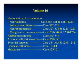 Volume 16	


Neurogenic soft tissue tumors	

 Neurilemoma----------------Case 315-321 & 1214-1220	

 Solitary neuroﬁbroma--------Case 322-326	

 Neuroﬁbromatosis------------Case 327-338 & 1221-1229	

 Malignant schwannoma------Case 339-344 & 1230-1234	

Rhabdomyosarcoma------------Case 345-349	

Alveolar soft part sarcoma-----Case 350-353	

Synovial sarcoma---------------Case 354-363 & 1235-1242	

Granular cell tumor-------------Case 1234.1	

Melanoma------------------------Case 1234.2	

 