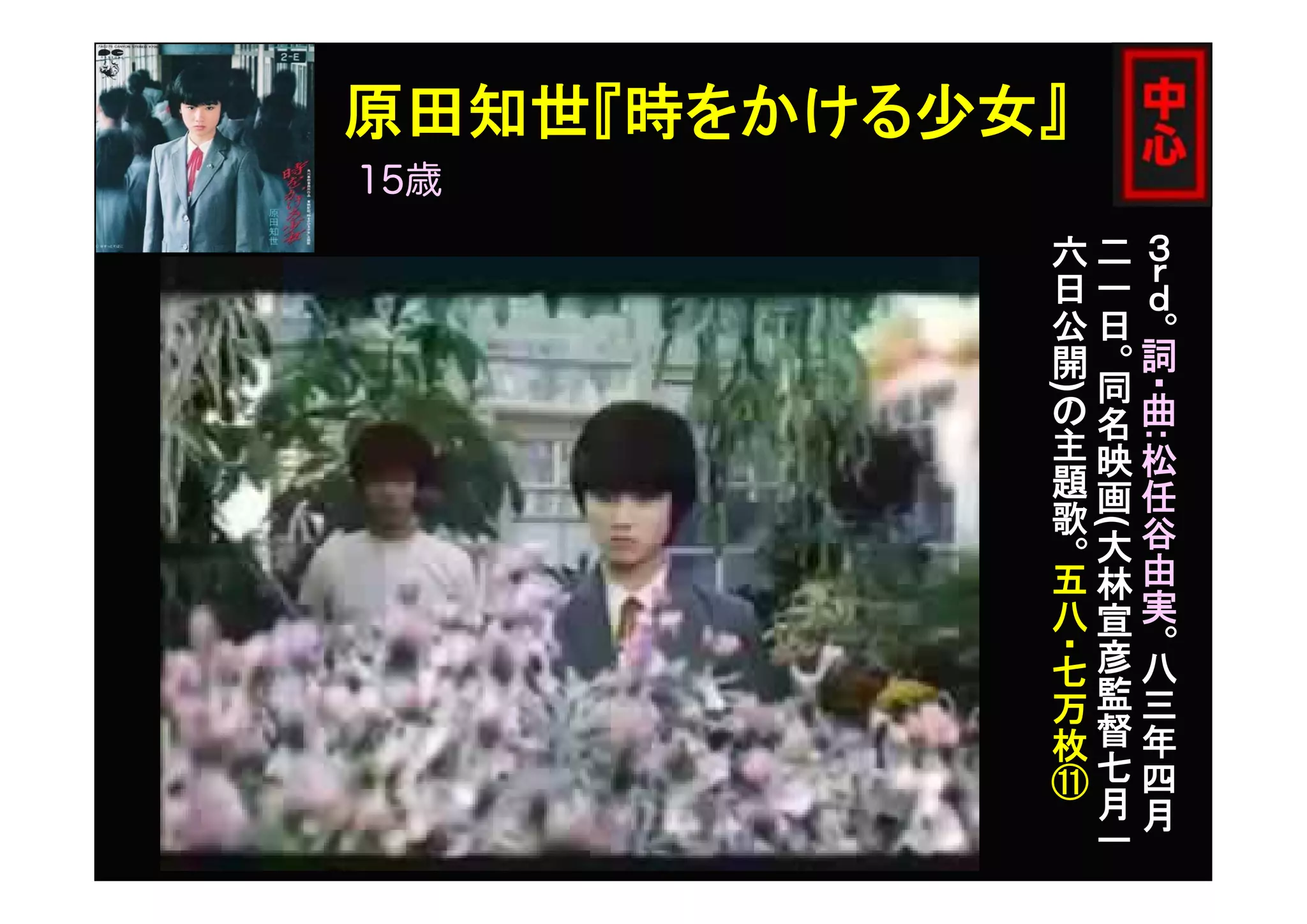 原田知世『時をかける少女』
３
ｒ
ｄ
。
詞
・曲
:
松
任
谷
由
実
。
八
三
年
四
月
二
一
日
。
同
名
映
画
(
大
林
宣
彦
監
督
七
月
一
六
日
公
開
)
の
主
題
歌
。
五
八
・七
万
枚
⑪
15歳
 