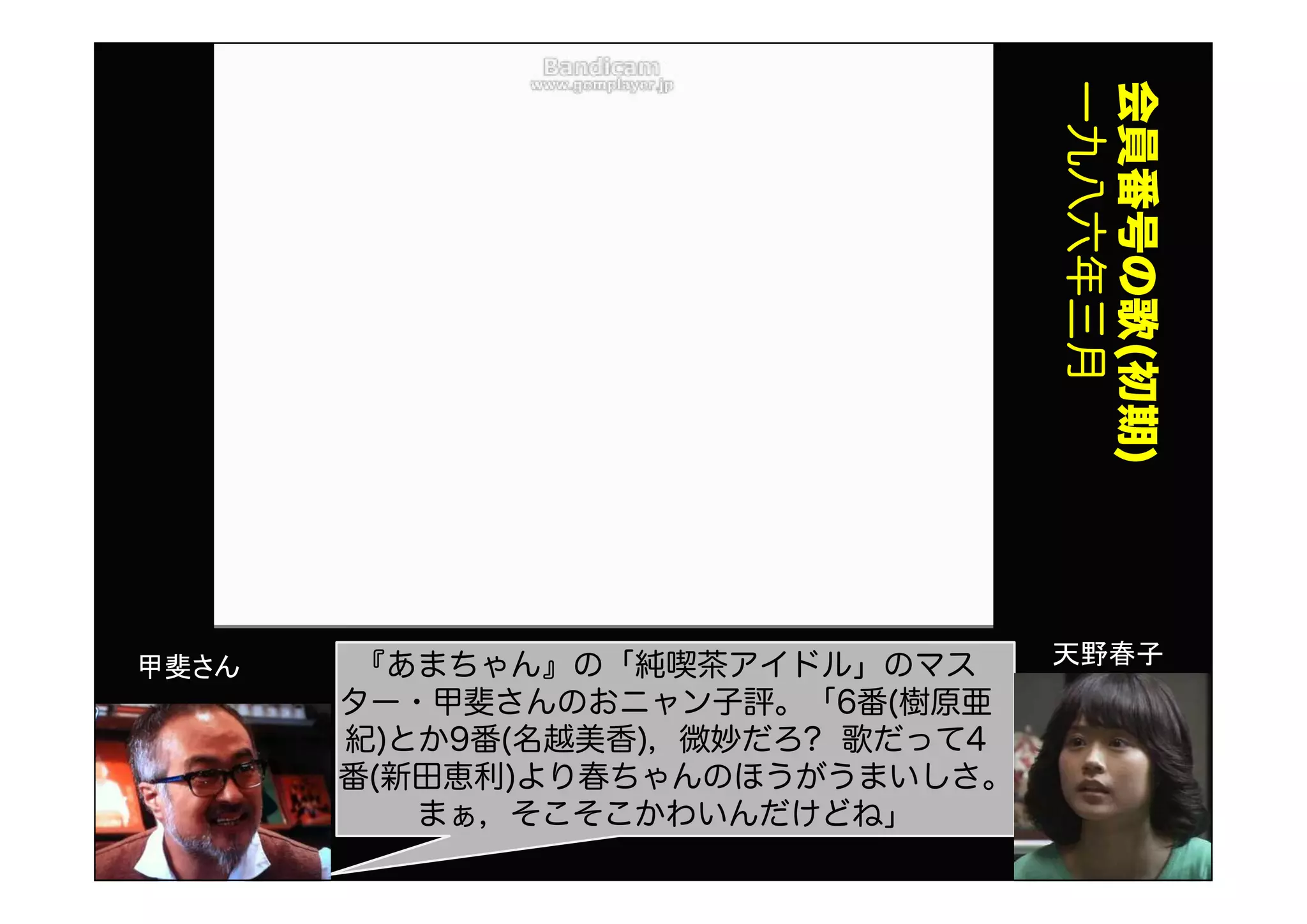 会員番号の歌(初期)
一九八六年三月
『あまちゃん』の「純喫茶アイドル」のマス
ター・甲斐さんのおニャン子評。「6番(樹原亜
紀)とか9番(名越美香)，微妙だろ? 歌だって4
番(新田恵利)より春ちゃんのほうがうまいしさ。
まぁ，そこそこかわいんだけどね」
甲斐さん 天野春子
 