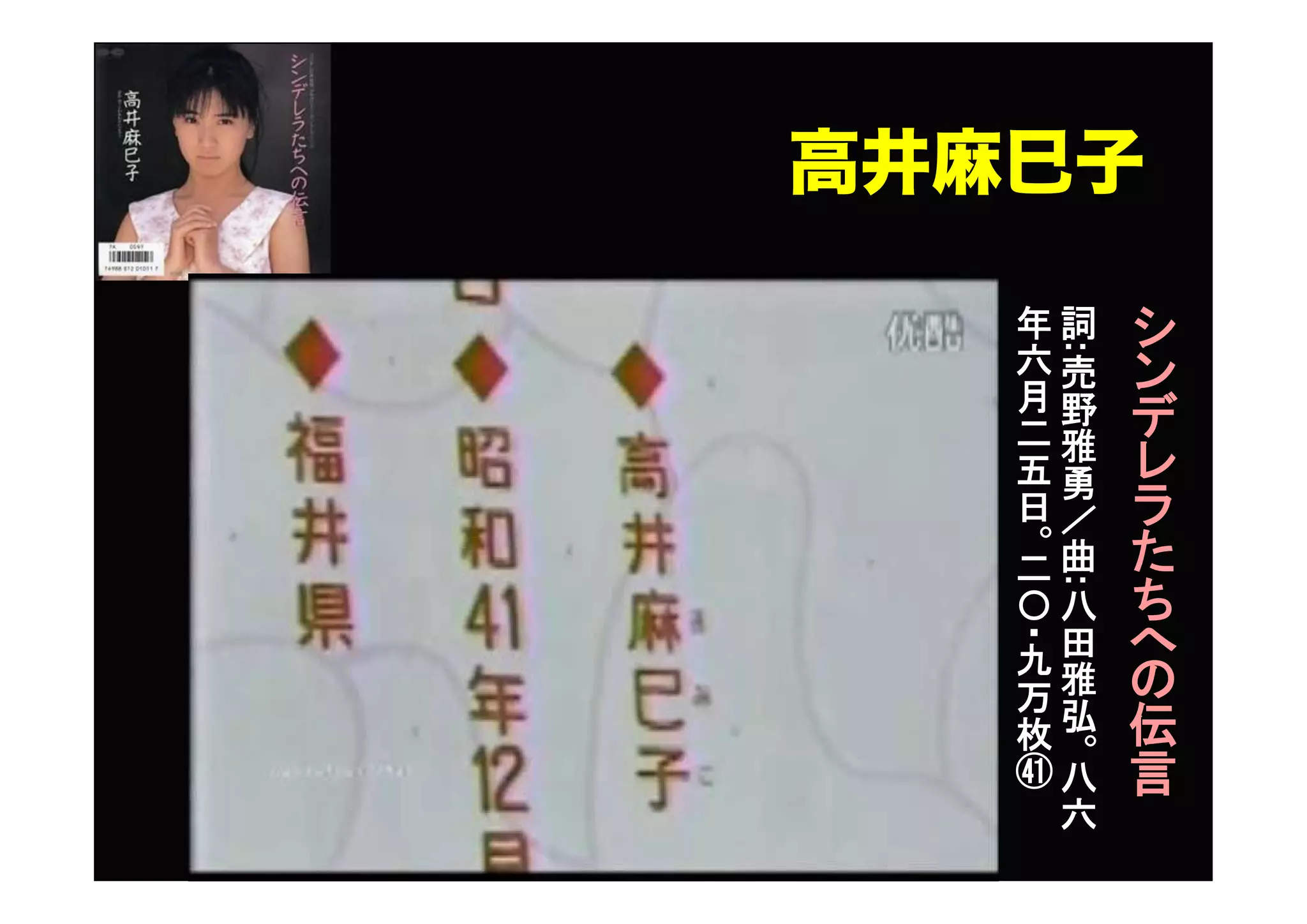 高井麻巳子
シ
ン
デ
レ
ラ
た
ち
へ
の
伝
言
詞
:
売
野
雅
勇
／
曲
:
八
田
雅
弘
。
八
六
年
六
月
二
五
日
。
二
〇
・九
万
枚
㊶
 