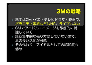3Mの戦略
基本はCM・CD・テレビドラマ・映画で，
バラエティ番組などはNG。ライブもない
CMでアイドル・イメージを徹底的に補
強していく
短期集中的な売り方はしていないので，
息の長い活動が可能
その代わり，アイドルとしての認知度も
低め
 