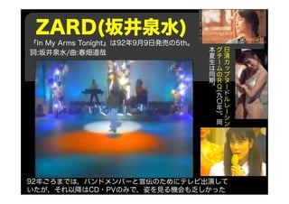 ZARD(坂井泉水)
『In My Arms Tonight』は92年9月9日発売の5th。
詞:坂井泉水/曲:春畑道哉
92年ごろまでは，バンドメンバーと宣伝のためにテレビ出演して
いたが，それ以降はCD・PVのみで，姿を見る機会も乏しかった
日
清
カ
ッ
プ
ヌ
ー
ド
ル
レ
ー
シ
ン
グ
チ
ー
ム
の
Ｒ
Ｑ
(
九
〇
年
)
。
岡
本
夏
生
は
同
期
。
 