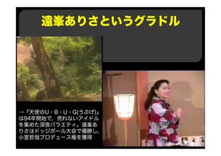 遠峯ありさというグラドル
→『天使のU・B・U・G(うぶげ)』
は94年開始で，売れないアイドル
を集めた深夜バラエティ。遠峯あ
りさはドッジボール大会で優勝し，
小室哲哉プロデュース権を獲得
 