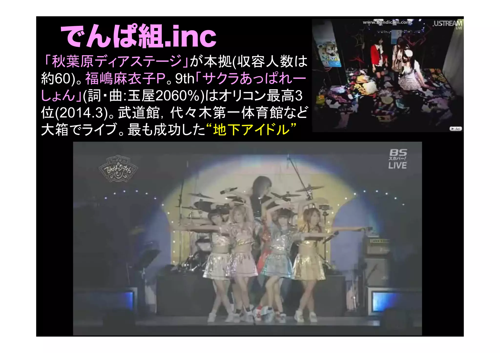 でんぱ組.inc
「秋葉原ディアステージ」が本拠(収容人数は
約60)。福嶋麻衣子P。9th「サクラあっぱれー
しょん」(詞・曲:玉屋2060%)はオリコン最高3
位(2014.3)。武道館，代々木第一体育館など
大箱でライブ。最も成功した“地下アイドル”
 