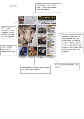 Liam Main 
The main and most interesting 
features of the article are all 
listed down the side of the 
contents page with...