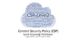 Content Security Policy (CSP)
İçerik Güvenliği Politikaları
Çağlar ORHAN – 2017 LYK –AİB Ünv. /BOLU
 