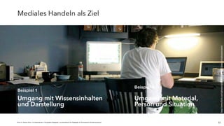 JProf. Dr. Mandy Rohs | TU Kaiserslautern | Fachgebiet Pädagogik | Juniorprofessur für Pädagogik mit Schwerpunkt Schulentwicklung | 21
Mediales Handeln als Ziel
Umgang mit Material,
Person und Situation
Umgang mit Wissensinhalten
und Darstellung
Beispiel 1
Beispiel 2
http://www.ﬂickr.com/photos/ishane/2478049891/sizes/o/in/photostream/
 