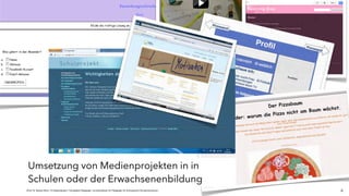 JProf. Dr. Mandy Rohs | TU Kaiserslautern | Fachgebiet Pädagogik | Juniorprofessur für Pädagogik mit Schwerpunkt Schulentwicklung |
!
Abb.(12:(Quiz(zum(Bewerbungsanschreiben(
(
Wie!bereits!schon!in!Kapitel!fünf!erläutert,!hat!das!Programm!„hot!Potato=
es“,!das!wir!für!unser!Medienprojekt!verwendet!haben,!mehrere!Module!
bzw.!Funktionen,!mit!denen!ein!Quiz!gestalten!werden!kann.!Für!den!Be=
reich! des! Bewerbungsanschreiben! wurde! das! Modul! „JBC“! verwendet,!
durch!das!Multiple!Choice!Aufgaben!erstellt!werden!konnten.!Anhand!der!
Abb.!12!ist!zu!erkennen,!wie!die!Multiple!Choice!Aufgaben!aufgebaut!ist.!
6
dieser Website einsehen kann. Da, wie beim Umsetzungsplan schon be-
schrieben, eine klare Struktur der Website erwünscht war, wurde links eine
Leiste mit den einzelnen Themengebieten angelegt, welche dem Besucher
einen hilfreichen Überblick verschaffen soll. Außerdem wurde noch eine
Suchleiste hinzugefügt.
Ursprünglich war es geplant die Website in bunten Farben zu gestalten,
doch das verändern der Farbe stellte sich als sehr schwierig heraus. Aus
diesem Grund wird die Website nun in unterschiedlichen Blautönen präsen-
tiert.
Umsetzung von Medienprojekten in in
Schulen oder der Erwachsenenbildung
 