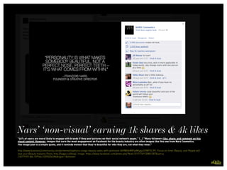 Nars’ ‘non-visual’ earning 1k shares & 4k likes
"44% of users are more likely to engage with brands if they post pictures on their social network pages." (...) "Many followers like, share, and comment on this
visual content. However, images that earn the most engagement on Facebook for the beauty industry are often images like this one from Nars Cosmetics.
The image post is a simple quote, and it reminds women that they’re beautiful for who they are, not what they wear.”
 
http://www.business2community.com/pinterest/sephora-snags-beauty-sales-with-pinterest-0498836#0Pjo8Kg4joSYWFX3.99; Focus on Inner Beauty, and People will
love your Beauty Industry Posts, http://taggs.co/blog/; image: https://www.facebook.com/photo.php?fbid=10151749130801387&set=a.
135779391386.109546.53590256386&type=1&theater
 