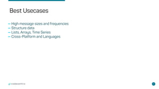 27
Best Usecases
-High message sizes and frequencies
-Structure data
-Lists, Arrays, Time Series
-Cross-Platform and Languages
 