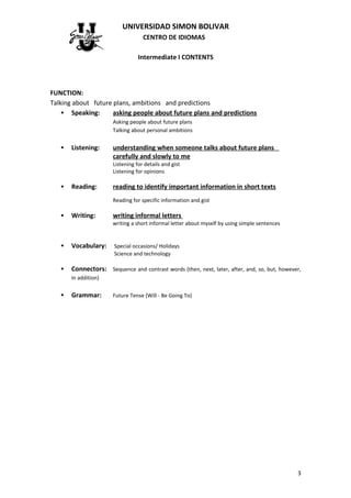 UNIVERSIDAD SIMON BOLIVAR
                                    CENTRO DE IDIOMAS

                                  Intermediate I CONTENTS




FUNCTION:
Talking about future plans, ambitions and predictions
     Speaking:      asking people about future plans and predictions
                       Asking people about future plans
                       Talking about personal ambitions


      Listening:      understanding when someone talks about future plans
                       carefully and slowly to me
                       Listening for details and gist
                       Listening for opinions

      Reading:        reading to identify important information in short texts
                       Reading for specific information and gist

      Writing:        writing informal letters
                       writing a short informal letter about myself by using simple sentences


      Vocabulary:     Special occasions/ Holidays
                       Science and technology

      Connectors: Sequence and contrast words (then, next, later, after, and, so, but, however,
       in addition)

      Grammar:        Future Tense (Will - Be Going To)




                                                                                                3
 