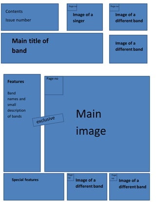 Image of a
singer
Image of a
different band
Contents
Issue number
Main title of
band
Page no Page no
Image of a
different band
Features
Band
names and
small
description
of bands
Page no
Main
image
Special features
Page
no
Page
no
Image of a
different band
Image of a
different band
 