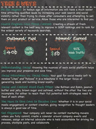 Take-A Ways
Be the magnet: In todays age of information you will have a much easier
time attracting qualiﬁed leads by increasing your web search and social
visibility rather than trying to chase after consumers and attempting to sell
them on your product or service. Allow those who are interested to ﬁnd you.
Search Engines Love Fresh Content: Creating a stream of fresh
relevant content is the best way to improve in SERP rankings and to rank for
the widest variety of keywords searches.


     Outbound/ Paid                          Inbound/ Earned

   Spend            10%                 Spend            90%
 $40b              Trafﬁc                $5b           Web Trafﬁc



Understanding Social: Knowing the nuances of each social platform helps
you improve your presence and save time.
Social Milestones vs. Social Goals: Your goal for social media isn’t to
receive “Likes” and “Follows” it is a milestone in the larger focus of
generating leads and building brand loyalty.
Social and Content Need Each Other: Like Batman and Robin, peanut-
butter and jelly, brown sugar and oatmeal, without the other the two are
incomplete. For either to reach their full potential both strategies need to
feed of each other.
You Have to Give Love to Receive Love: Whether it is in your social
media engagement, or content creation, giving recognition to thought leaders
is always a good use of time.
Get Organized: Your company will never be content marketing mavens
unless you fully commit, create a calendar around company events and
releases, assign an internal advocate who is held accountable for driving the
process, stockpile posts, and collaborate.
 