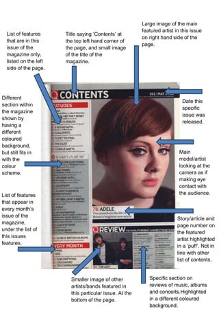 Large image of the main
featured artist in this issue
on right hand side of the
page.
Title saying ‘Contents’ at
the top left hand corner of
the page, and small image
of the title of the
magazine.
List of features
that are in this
issue of the
magazine only,
listed on the left
side of the page.
List of features
that appear in
every month’s
issue of the
magazine,
under the list of
this issues
features.
Smaller image of other
artists/bands featured in
this particular issue. At the
bottom of the page.
Date this
specific
issue was
released.
Main
model/artist
looking at the
camera as if
making eye
contact with
the audience.
Story/article and
page number on
the featured
artist highlighted
in a ‘puff’. Not in
line with other
list of contents.
Specific section on
reviews of music, albums
and concerts.Highlighted
in a different coloured
background.
Different
section within
the magazine
shown by
having a
different
coloured
background,
but still fits in
with the
colour
scheme.
 