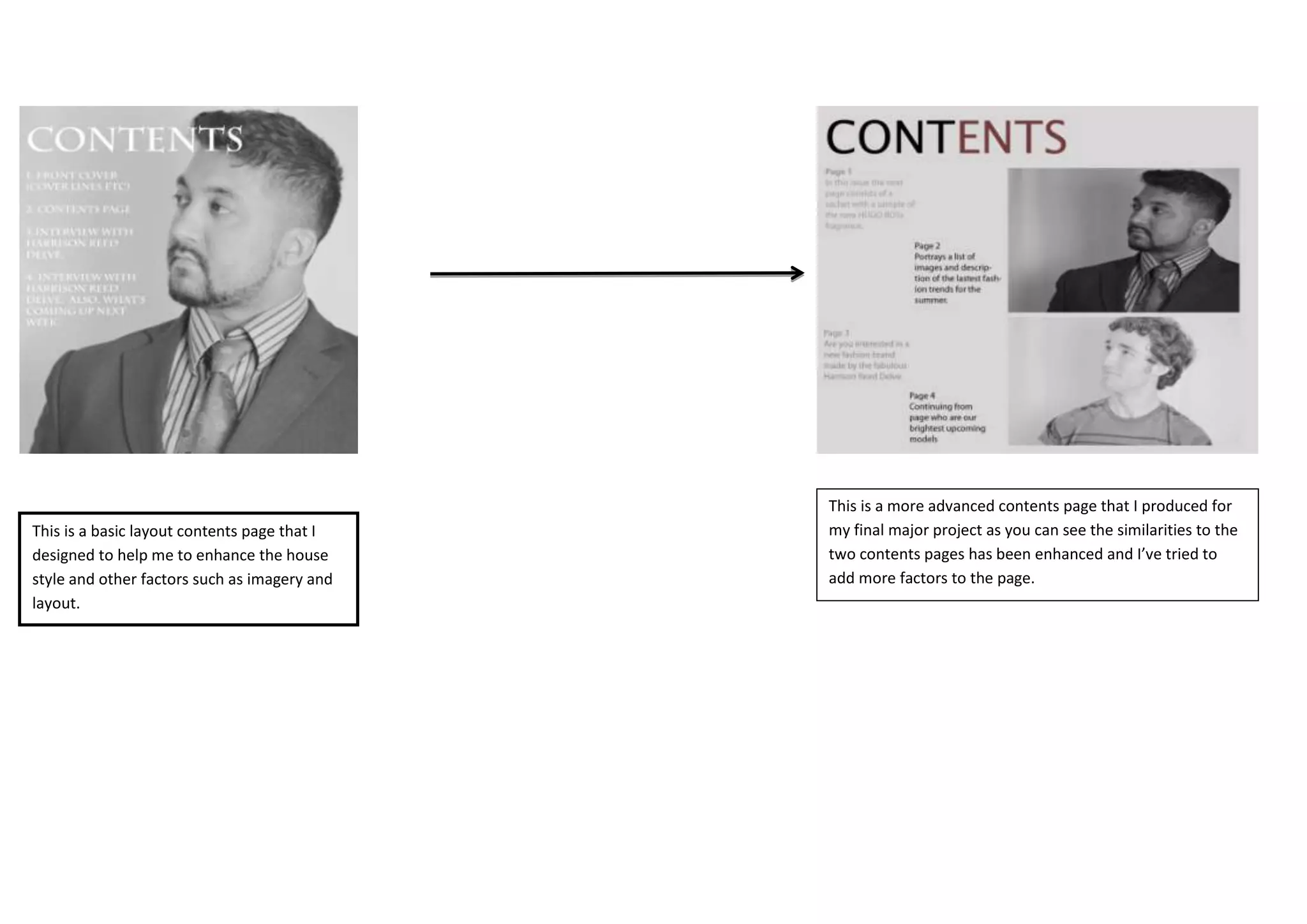 This is a basic layout contents page that I
designed to help me to enhance the house
style and other factors such as imagery and
layout.
This is a more advanced contents page that I produced for
my final major project as you can see the similarities to the
two contents pages has been enhanced and I’ve tried to
add more factors to the page.