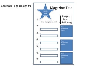 Free Poster Page NumberContents Page Design #1Magazine TitleImages from Articles.......Brief description of articlePage Number for PicturePage Number for PicturePage Number for Picture