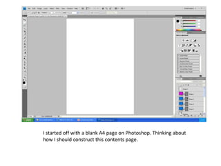 I started off with a blank A4 page on Photoshop. Thinking about
how I should construct this contents page.
 