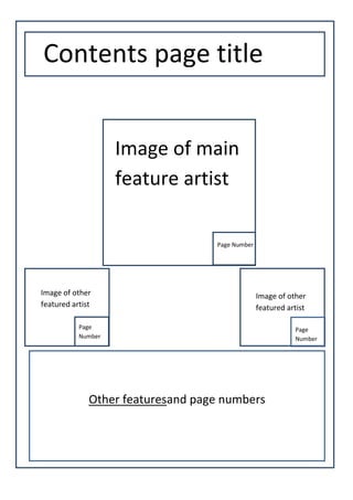 Page Number
Other featuresand page numbers
Page
Number
Page
Number
Contents page title
Image of main
feature artist
Image of other
featured artist
Image of other
featured artist
 