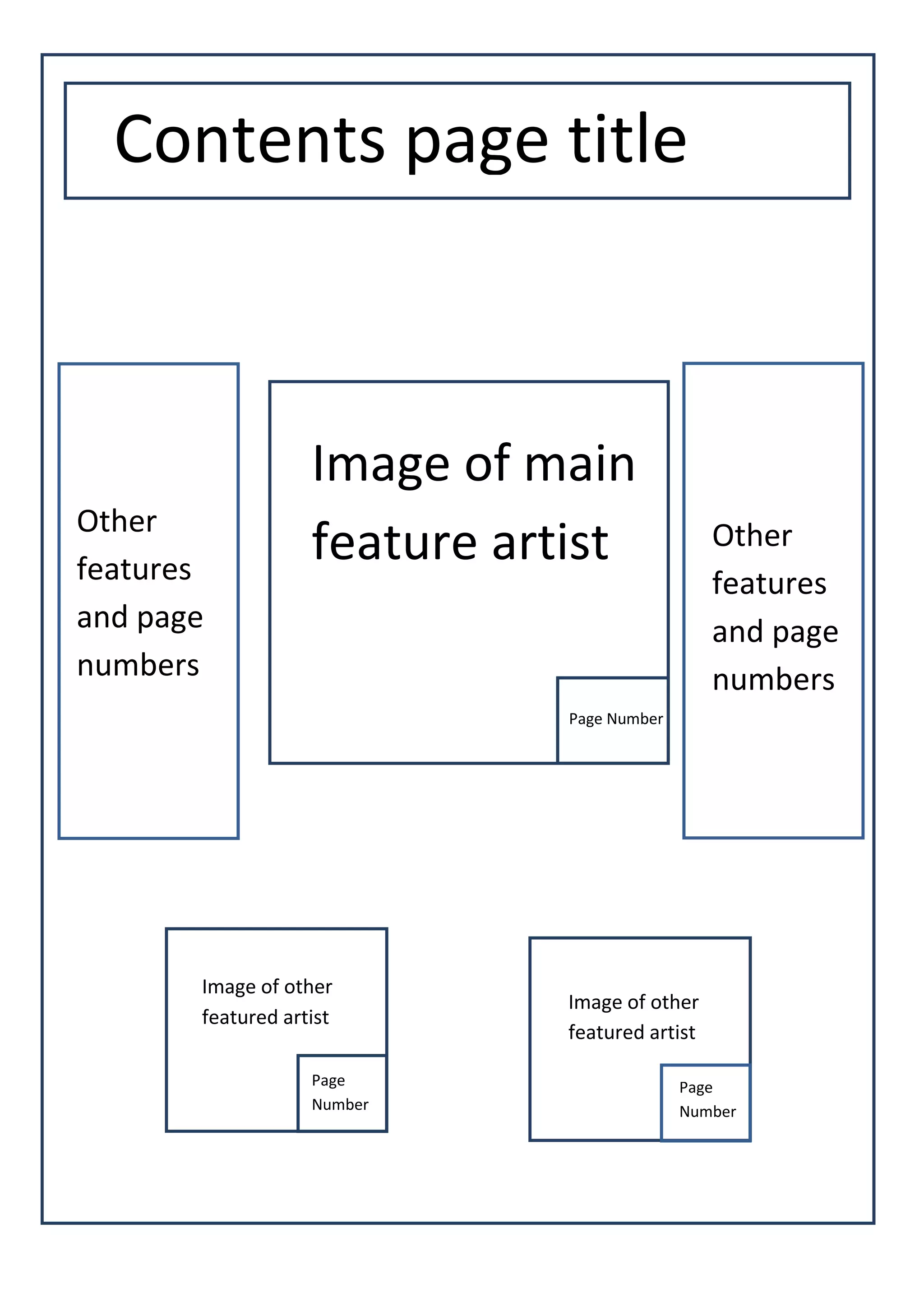 Contents page title
Image of main
Other
features
feature artist Other
features
and page and page
numbers numbers
Page Number
Image of other
Image of other
featured artist
featured artist
Page Page
Number Number