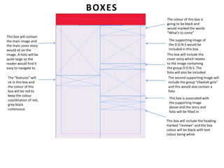 BOXES
                                 The colour of this box is
                                 going to be black and
                                 would marked the words
                                 “What’s to come”
This box will contain
the main image and                 The supporting image of
the main cover story               the D.O.N.S would be
would sit on the                   included in this box
image. A folio will be           This box will include the
quite large so the               cover story which relates
reader would find it             to the image containing
easy to navigate to.             the group D.O.N.S. The
                                 folio will also be included
The “features” will               The second supporting image will
sit in this box and               include the group “cheetah girls”
the colour of this                and this would also contain a
box will be red to                folio
keep the colour
                                  This box is associated with
coordination of red,
                                  the supporting image
grey black
                                  above and the story and
continuous
                                  folio will be filled in.

                                 This box will include the heading
                                 marked “reviews” and the box
                                 colour will be black with text
                                 colour being white
 
