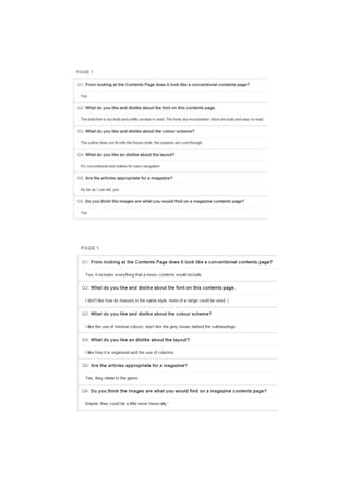 Contents page questionnaire results