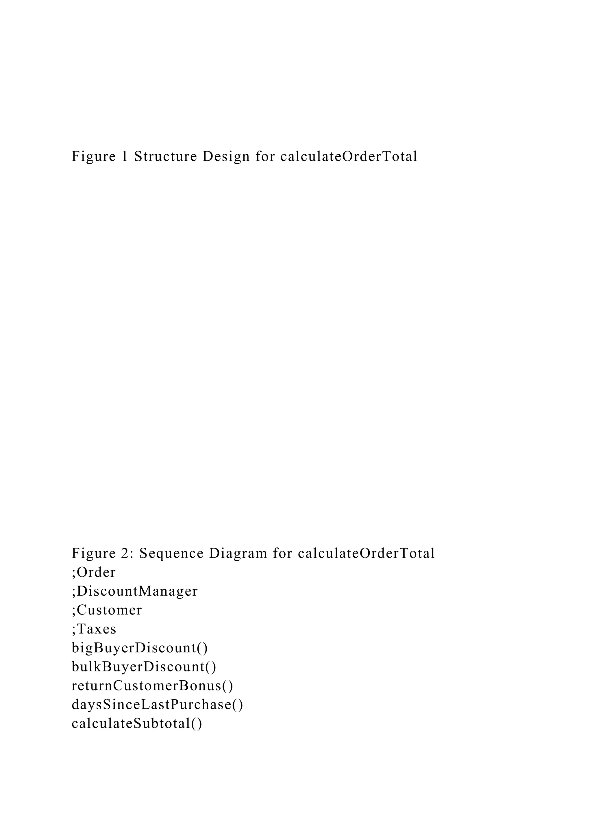 Figure 1 Structure Design for calculateOrderTotal
Figure 2: Sequence Diagram for calculateOrderTotal
;Order
;DiscountManager
;Customer
;Taxes
bigBuyerDiscount()
bulkBuyerDiscount()
returnCustomerBonus()
daysSinceLastPurchase()
calculateSubtotal()
 