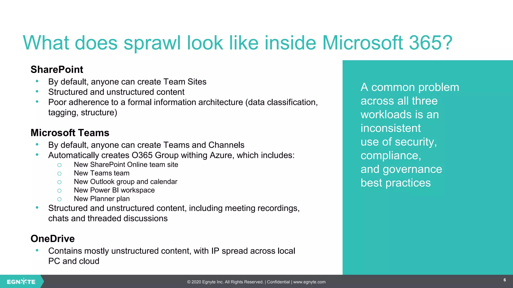 © 2020 Egnyte Inc. All Rights Reserved. | Confidential | www.egnyte.com 6
What does sprawl look like inside Microsoft 365?
SharePoint
• By default, anyone can create Team Sites
• Structured and unstructured content
• Poor adherence to a formal information architecture (data classification,
tagging, structure)
Microsoft Teams
• By default, anyone can create Teams and Channels
• Automatically creates O365 Group withing Azure, which includes:
o New SharePoint Online team site
o New Teams team
o New Outlook group and calendar
o New Power BI workspace
o New Planner plan
• Structured and unstructured content, including meeting recordings,
chats and threaded discussions
OneDrive
• Contains mostly unstructured content, with IP spread across local
PC and cloud
A common problem
across all three
workloads is an
inconsistent
use of security,
compliance,
and governance
best practices
 