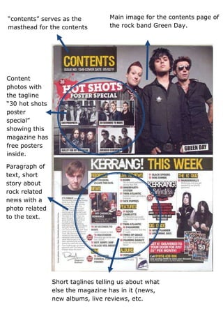 “contents” serves as the           Main image for the contents page of
masthead for the contents          the rock band Green Day.
page




Content
photos with
the tagline
“30 hot shots
poster
special”
showing this
magazine has
free posters
inside.

Paragraph of
text, short
story about
rock related
news with a
photo related
to the text.




                Short taglines telling us about what
                else the magazine has in it (news,
                new albums, live reviews, etc.
 