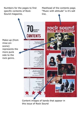 Numbers for the pages to find    Masthead of the contents page.
 specific contents of Rock        “Music with attitude” is it’s sell
 Sound magazine.                  line.




Make-up (from
mise-en-
scene)
represents the
more punk
side to the
rock genre.




                 Content images of bands that appear in
                 this issue of Rock Sound
 