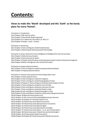 Contents:
Views to make this ‘World’ developed and this ‘Earth’ as the lovely
place for every ‘Human’.
S1-Section1: introduction.
S1c1-Chapter1-Me and my nation.
S1c2-Chapter2-How didthisbookoriginated.
S1c3-Chapter3-It is aboutme,the author,dr. Shivu.P.
S1c4-Chapter4-People –work – income.
S2-Section2: democracy.
S2c1-Chapter1-Facts and figuresrelatedtodemocracy:
S2c2-Chapter2-Retainingthe democracywithlittlechange:
S3-Section3: dowe needsome more intelligence?(intelligenceforinternal security);
S3c1-Chapter1-National securityweb.
S3c2-Chapter2-Case scenarioson‘giant’.
S3c3-Chapter3-People andtechniquesusedbythe gianttogive trouble tothe persontargeted.
S3c4-Chapter4-Betterintelligence isthe needof the nation.
S4-Section4: propertydocumentation.
S4c1-Chapter1-Facts and figuresrelatedtopropertydocumentation:
S4c2-Chapter2-Propertydocumentation.
S5-Section5: reticularcanal systemforinterlinkingindianrivers:
S5c1-Chapter1-Colourpicturesof rcs.
S5c2-Chapter2-Facts and figuresrelatedtoirrigation:
S5c3-Chapter3-Facts and figuresrelatedtogeographyof india:
S5c4-Chapter4-Chapter4: factsand figuresrelatedtowaterbodiesof india:
S5c5-Chapter5-Facts and figuresrelatedtoriversof india:
S5c6-Chapter6-Facts and figuresrelatedtoreservoirsof india:
S5c7-Chapter7-Facts and figuresrelatedtofloodsinindia:
S5c8-Chapter8-Facts and figuresrelatedtodroughtinindia:
S5c9-Chapter9-Facts and figuresrelatedtosurface andundergroundcanals:
S5c10-Chapter 10-Reticularcanal system(rcs).
S5c11-Chapter 11-The riversof indiaandprobable primary channels.
S5c12-Chapter 12-Chapter12: flatcanal systeminrcs.
S5c13-Chapter 13-Flatprimarycanal (fpc1) riverpoints:
S5c14-Chapter 14-Flatprimarycanal (fpc1) we & ee riverpoints:
S5c15-Chapter 15-Flatprimarycanal (fpc1) lengths:
S5c16-Chapter 16-Flatprimarycanal (fpc1) we & ee lengths:
S5c17-Chapter 17-Flatprimarycanal (fpc1) – re,ce, dcc, bdand others:
S5c18-Chapter 18-Flatprimarycanal 2 (fpc2) riverpointsandlengths:
S5c19-Chapter 19-Primarycanal 4 (pc4) riverpoints:
S5c20-Chapter 20-Chapter20: flatprimarycanal 4 (fpc4) riverpoints:
 