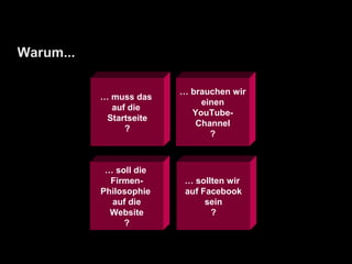 Warum...

                         … brauchen wir
           … muss das
                             einen
             auf die
                           YouTube-
            Startseite
                            Channel
                ?
                               ?



            … soll die
             Firmen-      … sollten wir
           Philosophie    auf Facebook
             auf die           sein
             Website            ?
                ?
 