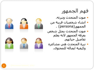 ‫الجمهور‬ ‫فهم‬
©Mohamed Elsherif, 20146
‫ونبرته‬ ‫المتحدث‬ ‫صوت‬.
‫من‬ ‫قريبة‬ ‫شخصيات‬ ‫انشاء‬
‫الجمهور‬(persona).
‫شخص‬ ‫يمثل‬ ‫المتحدث‬ ‫صوت‬
‫يعلم‬ ‫النه‬ ‫الجمهور‬ ‫يعرفه‬
‫حياتهم‬ ‫تفاصيل‬.
‫مشاعره‬ ‫هي‬ ‫المتحدث‬ ‫نبرة‬
‫للمحتوى‬ ‫ايصاله‬ ‫وكيفية‬.
 