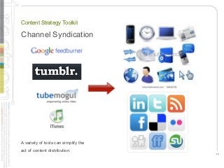 16
Content Strategy Toolkit
Channel Syndication
A variety of tools can simplify the
act of content distribution.
 