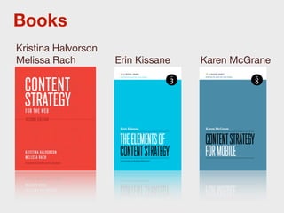Books
Kristina Halvorson
Melissa Rach         Erin Kissane   Karen McGrane
 